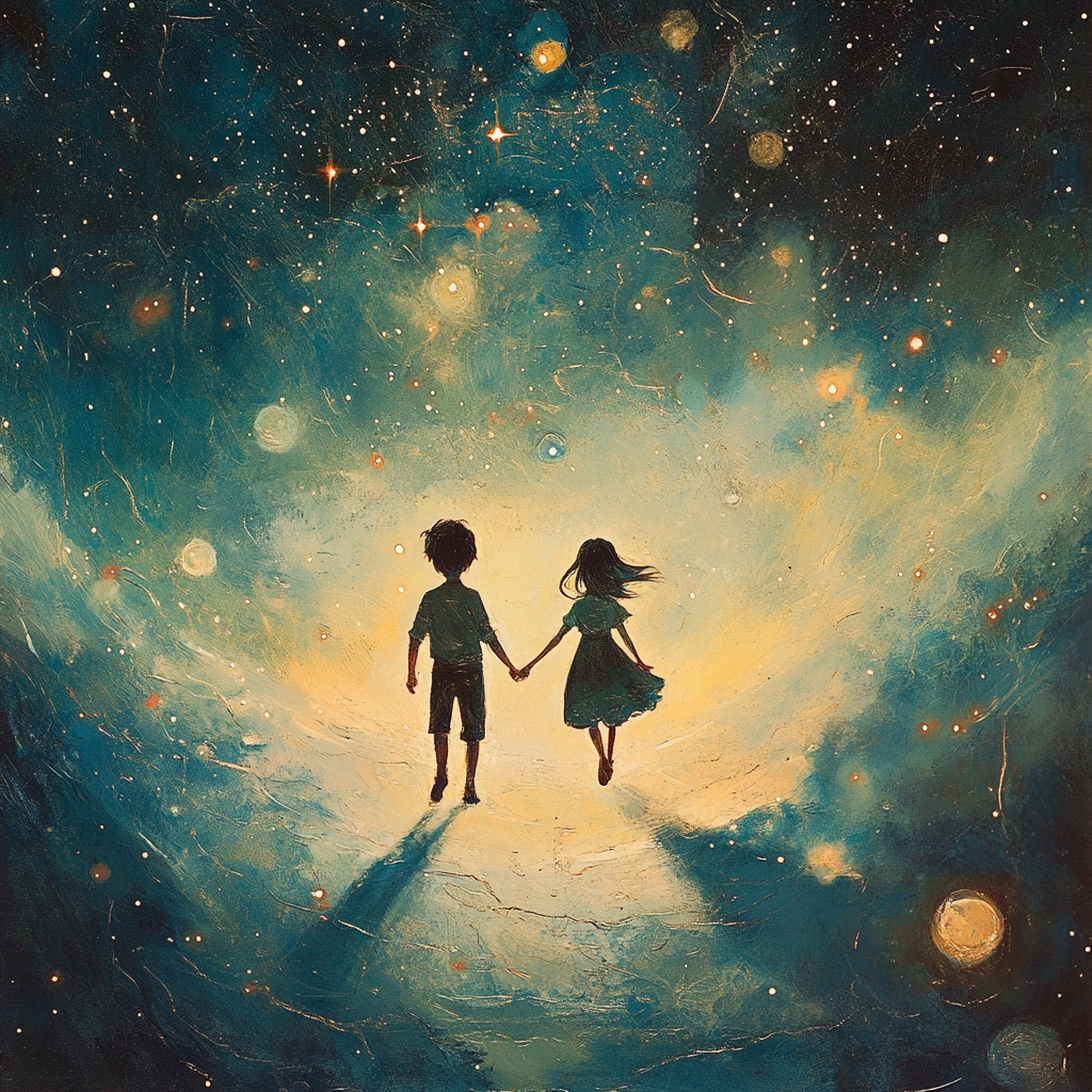 Boy and girl in space with cosmic fireflies