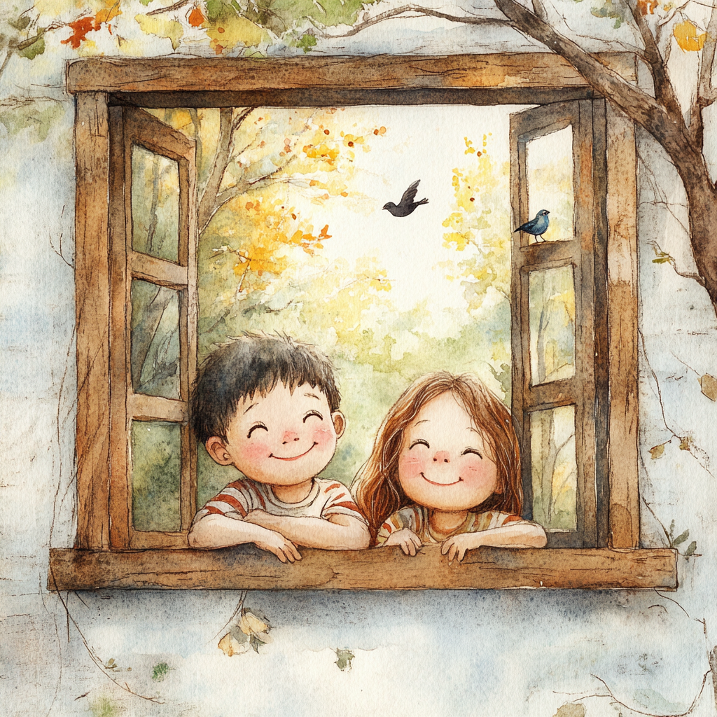 Boy and girl smiling by window, trees, birds outside.