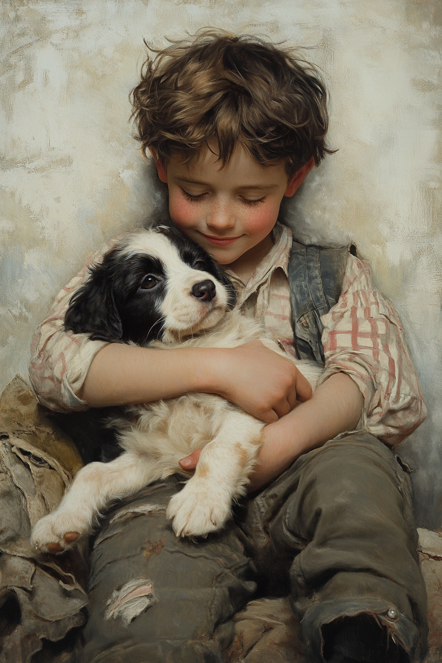 Boy and puppy showing special bond in illustration.