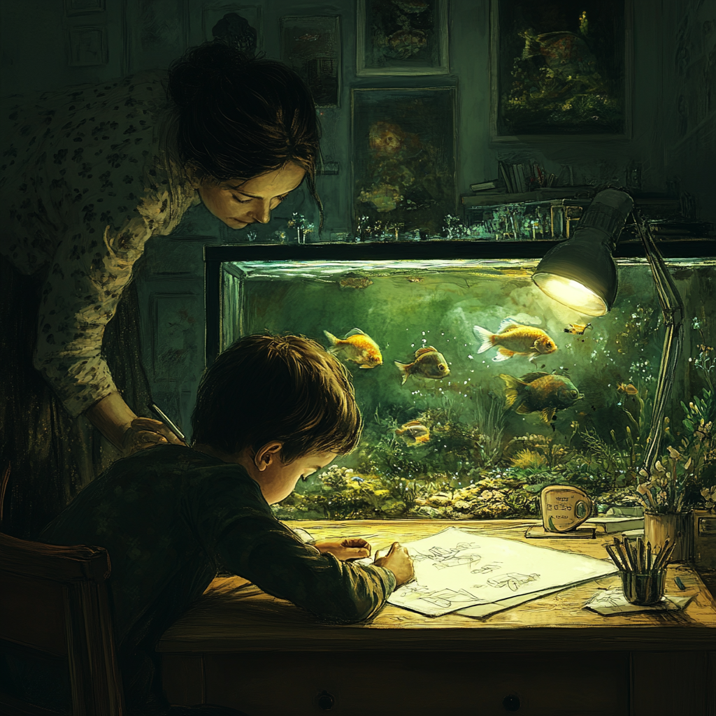 Boy drawing on desk as mother watches fish tank.