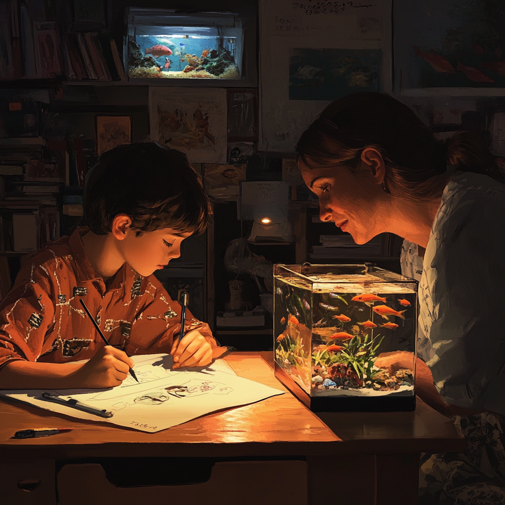 Boy drawing pictures, mother setting up fish tank.