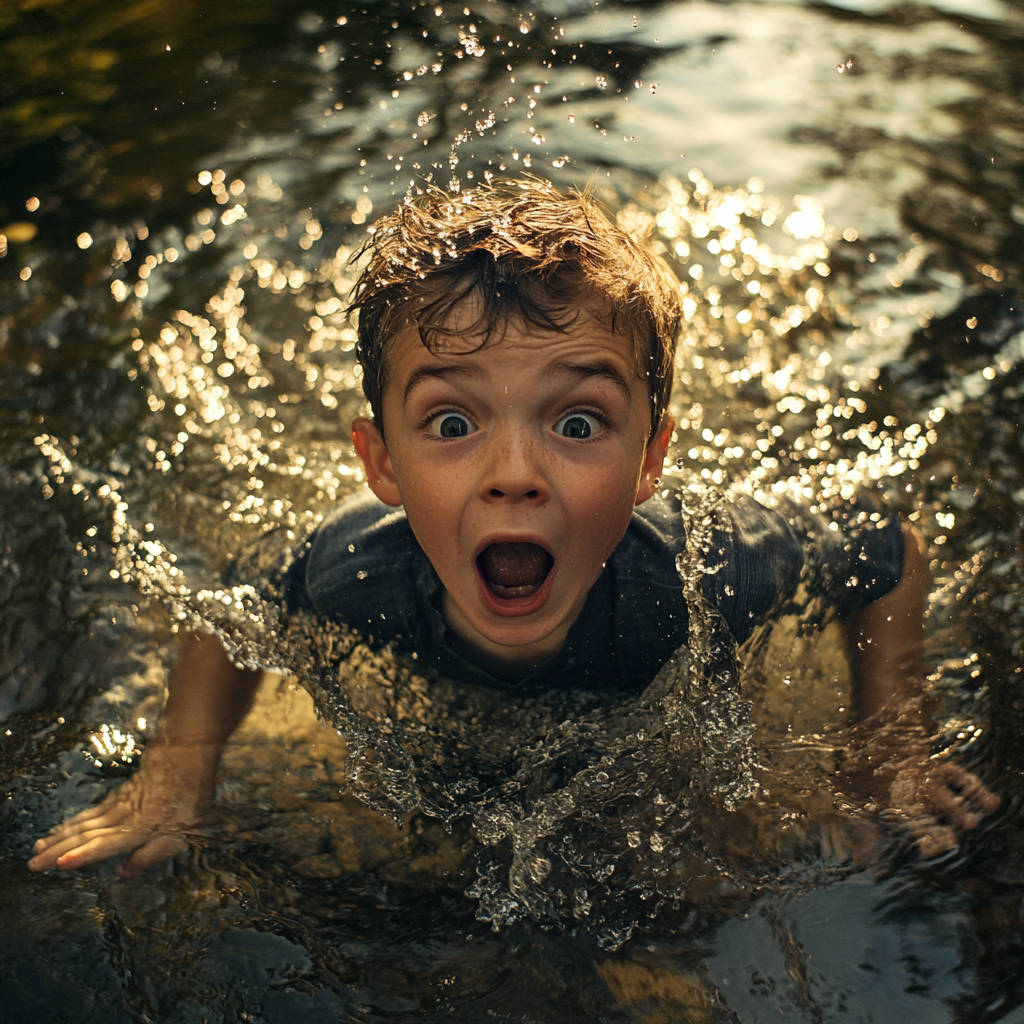 Boy falling in pond, expressive cinematic detail, Sony a7R4, 16mm lens