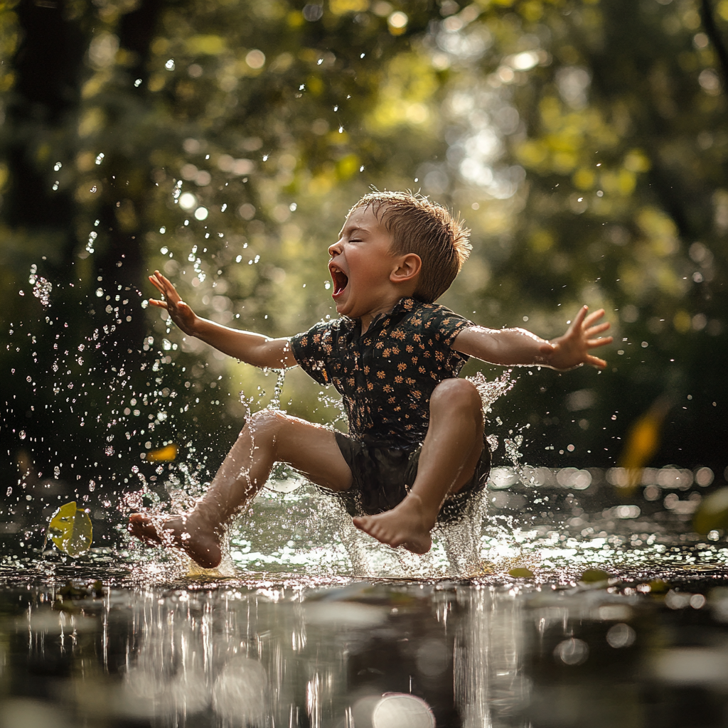 Boy falling into pond, screaming expression, cinematic, ultra-wide.