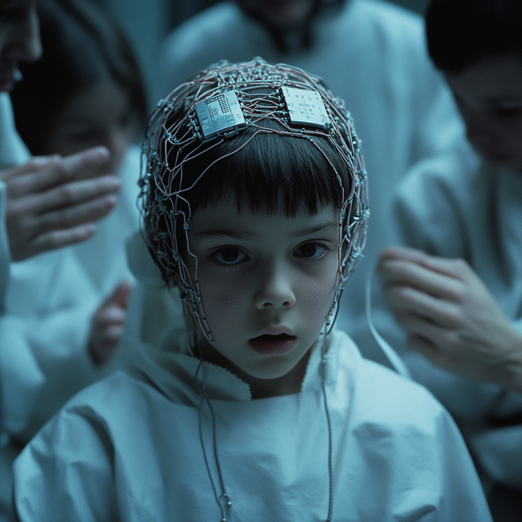 Boy gets neural chip implant at religious ceremony in movie