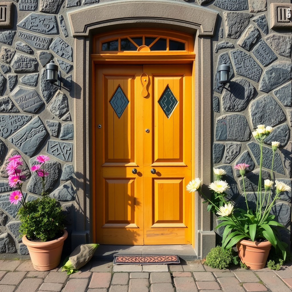 Boy holding flower by door 