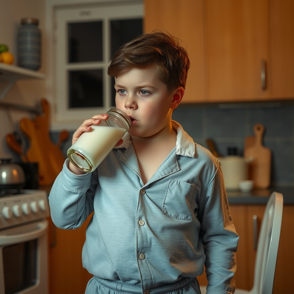Boy in Pajamas Drinks Weight Gain Milk at Night