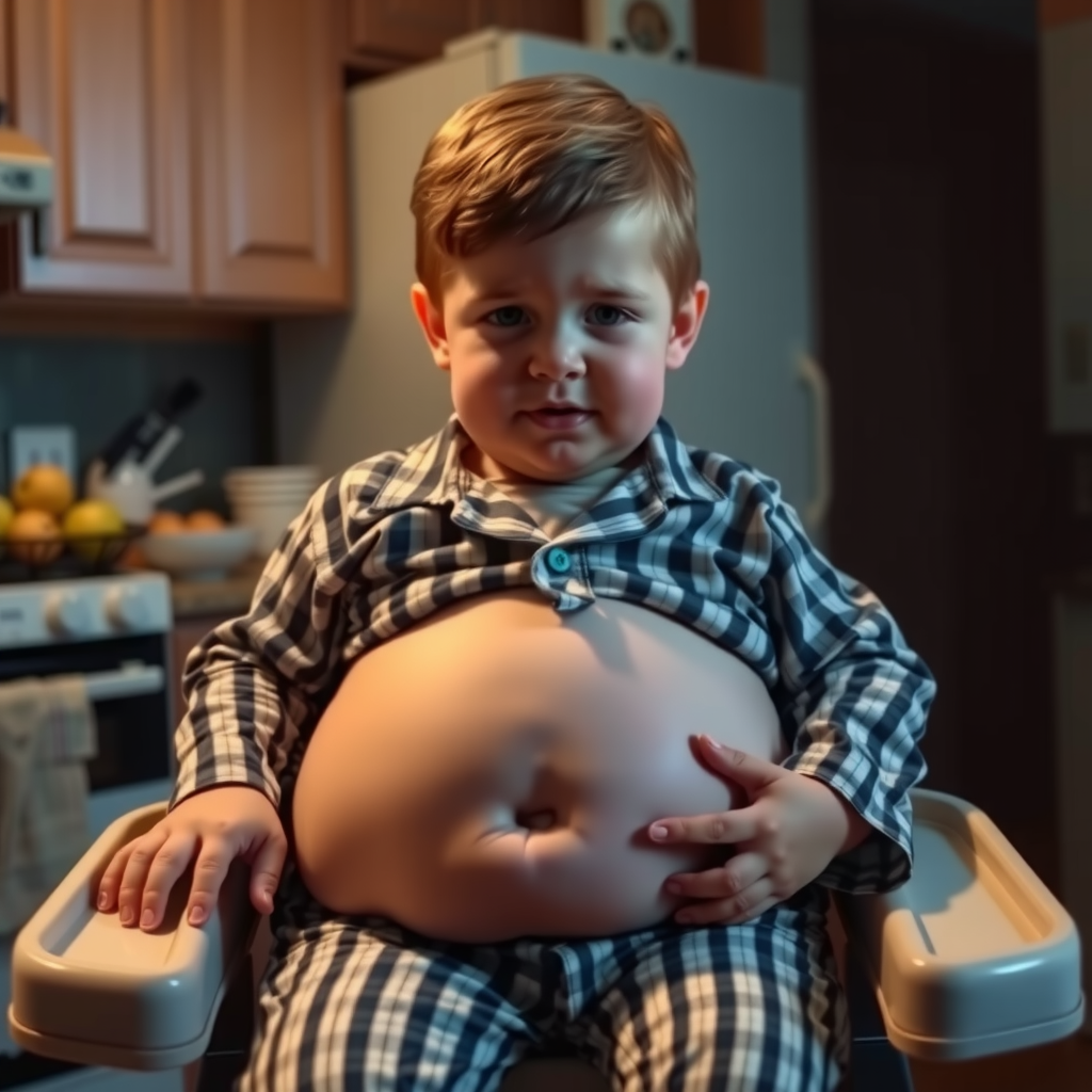 Boy in Pajamas Overeating Late Night in Kitchen