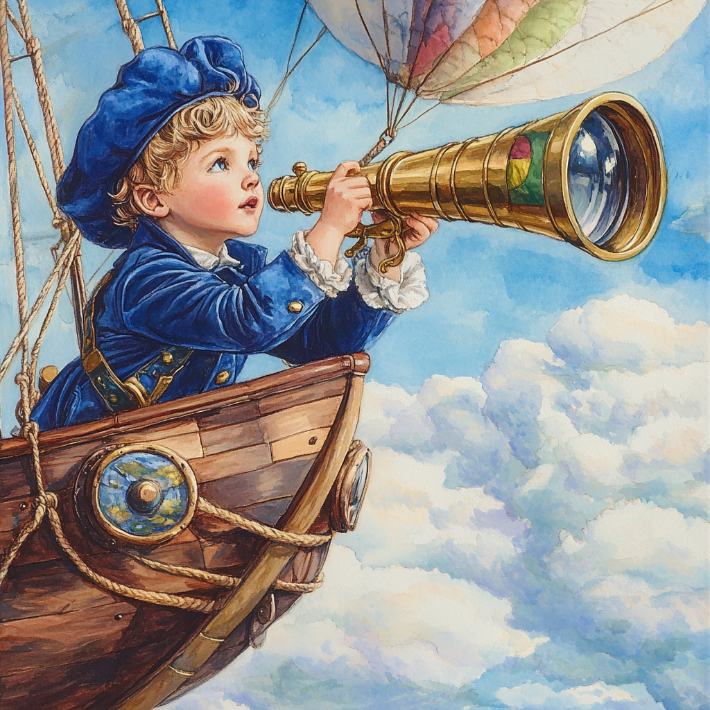 Boy in blue outfit looking through telescope on airship.