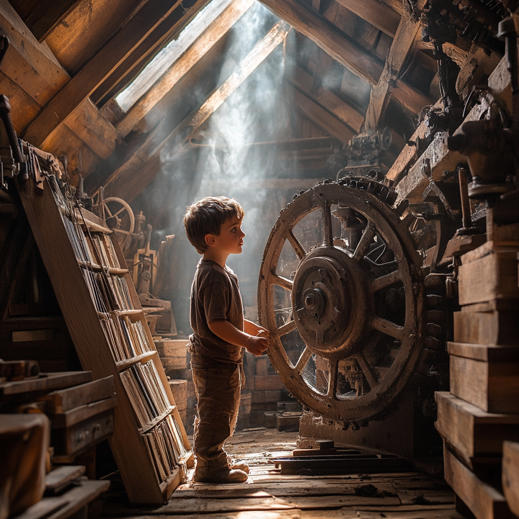 Boy in old attic with antique machinery, books.