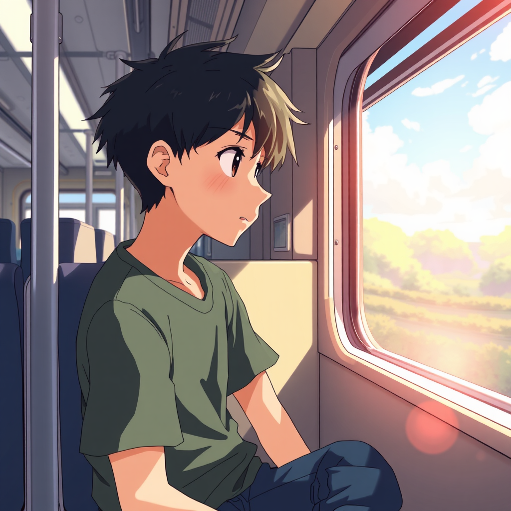 Boy in train, staring out window in anime.