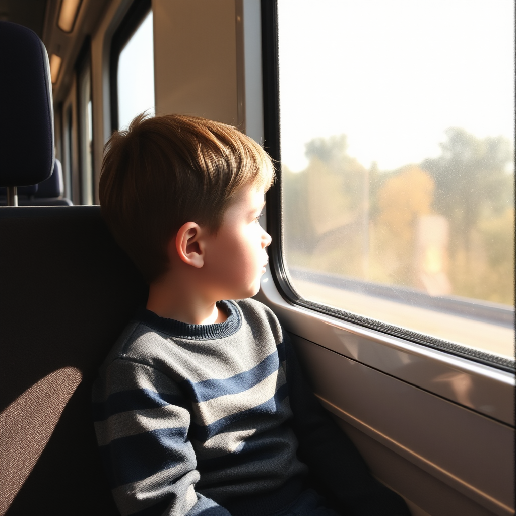 Boy in train looking out window.