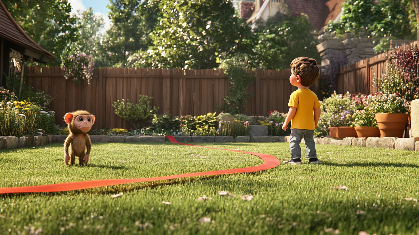 Boy in yellow shirt and monkey start race.