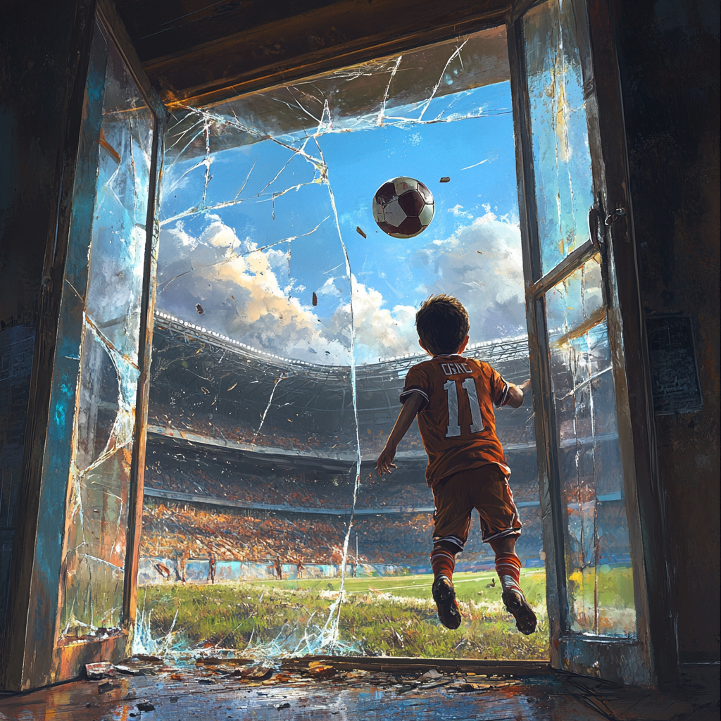 Boy playing football breaks window with a throw.