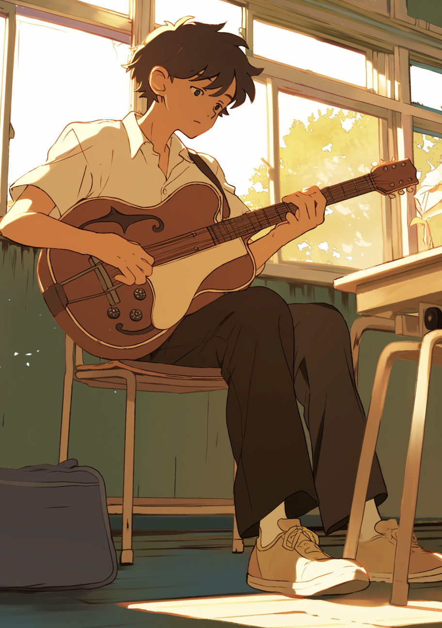 Boy playing guitar in Studio Ghibli anime style.