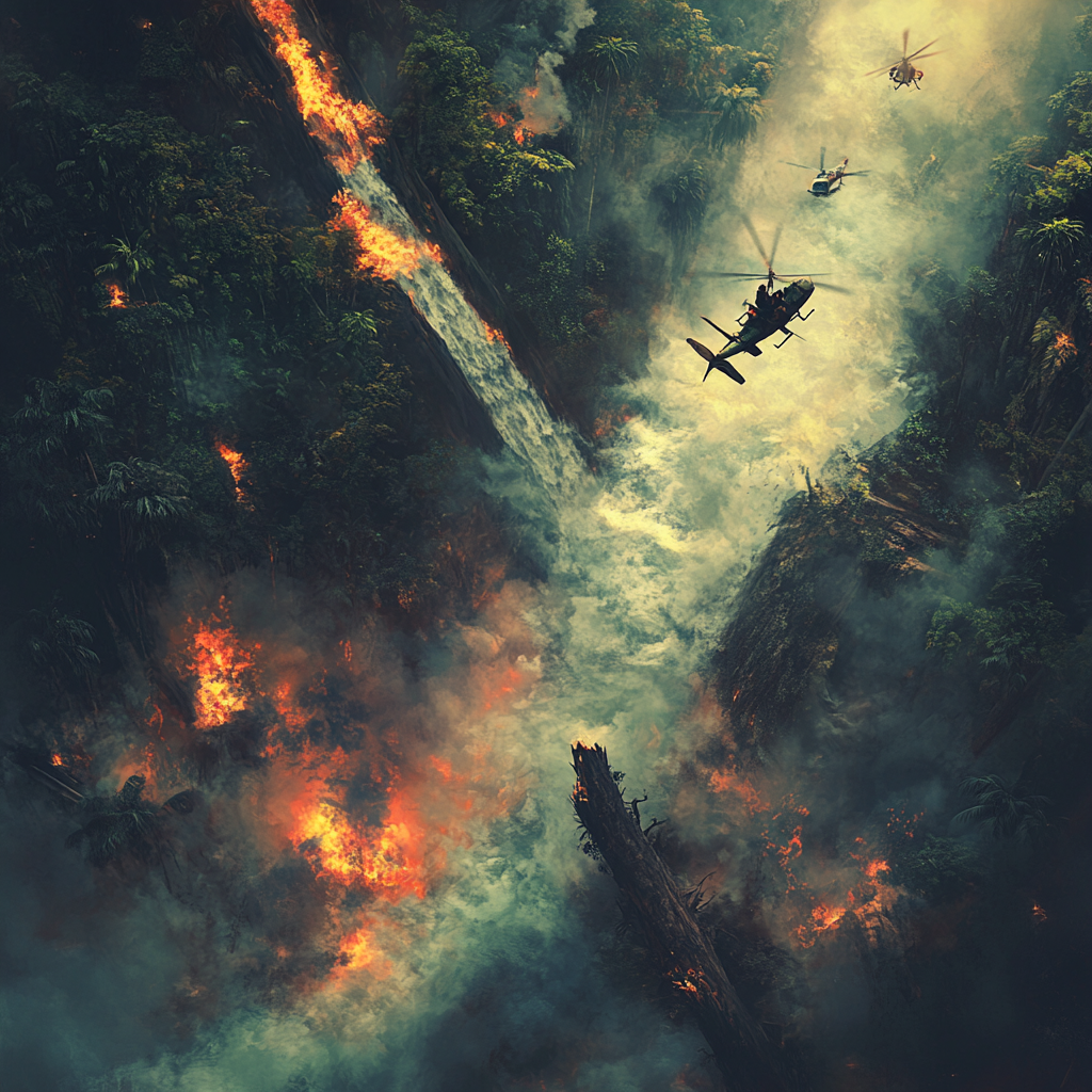 Boy rides water dragon over Amazon River fire.