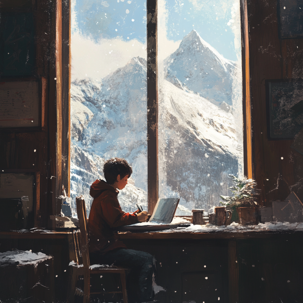 Boy studying in room with big window, drinking coffee.