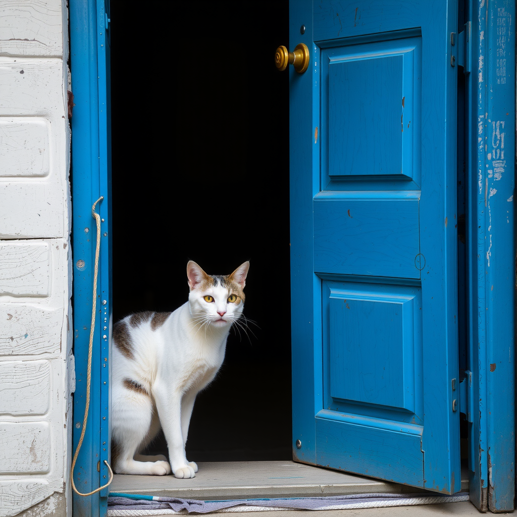 Boy with Cat in front of Flower Door 