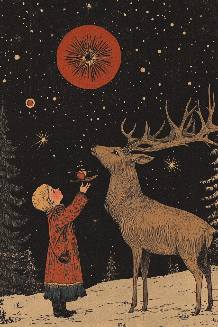 Boy with Deer on Night Sky Background, Slavic Folk Art