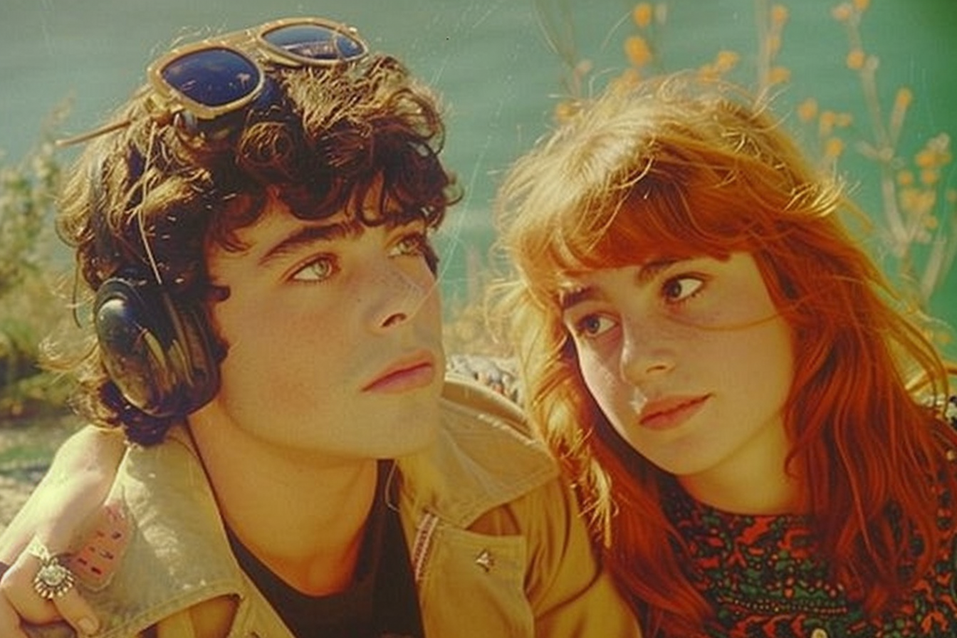 Boy with dark curly hair in trenchcoat looks lovingly at girl with orange hair and black headphones.