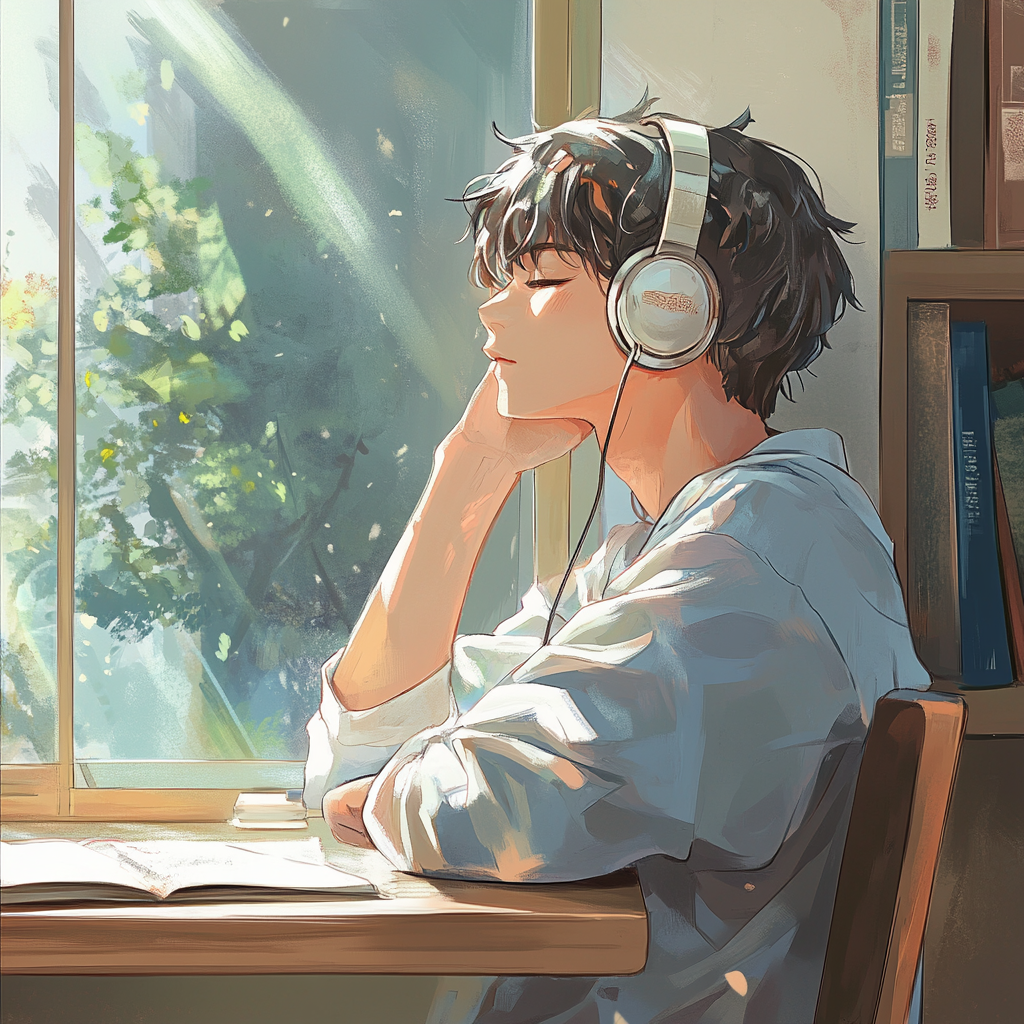 Boy with headphones relaxes by classroom window.