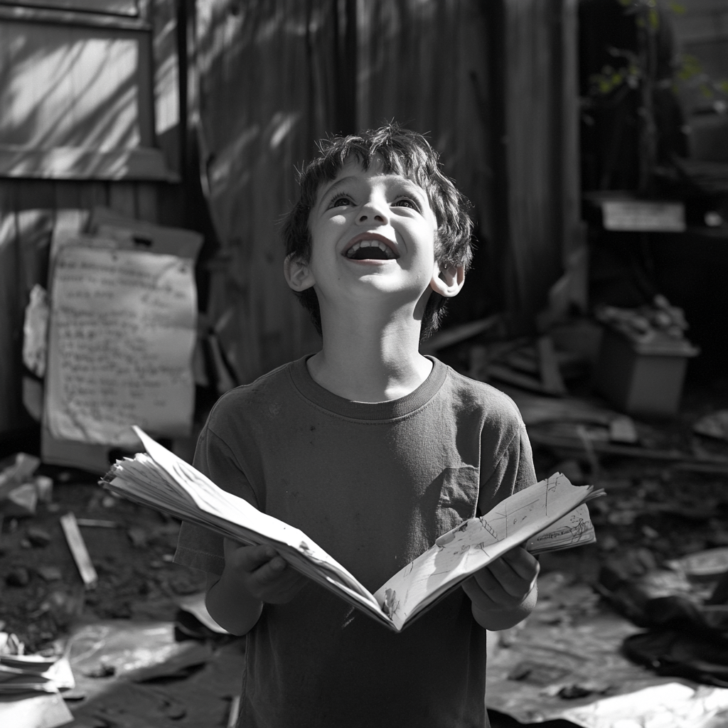 Boy with paper and pen in chaos, smiling face.