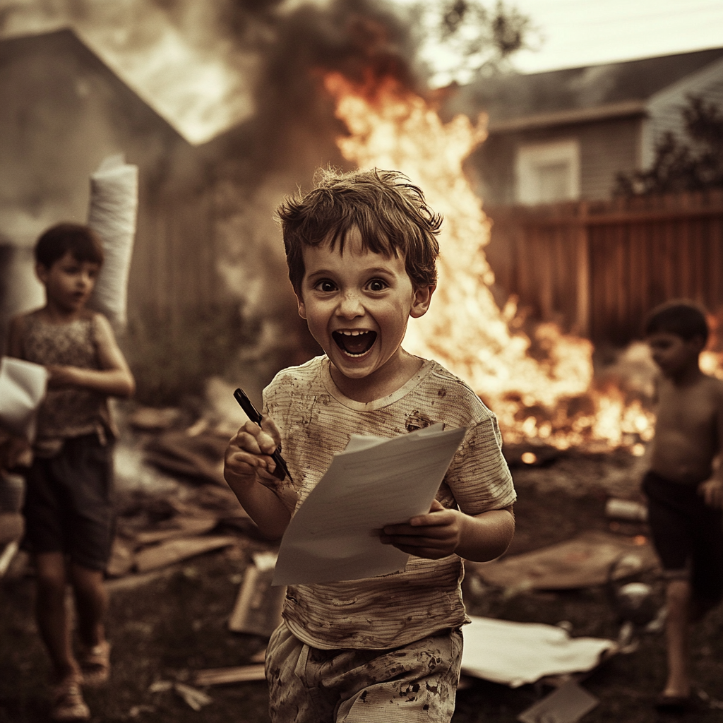 Boy with paper and pen staring, chaotic backyard scene.