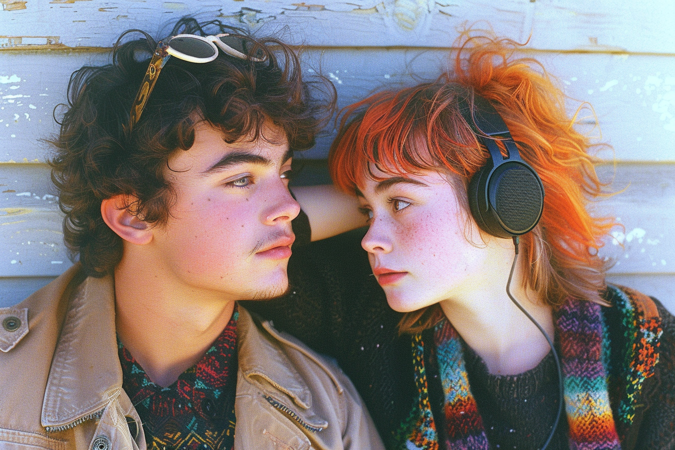 Boy with sunglasses looks lovingly at girl with headphones.