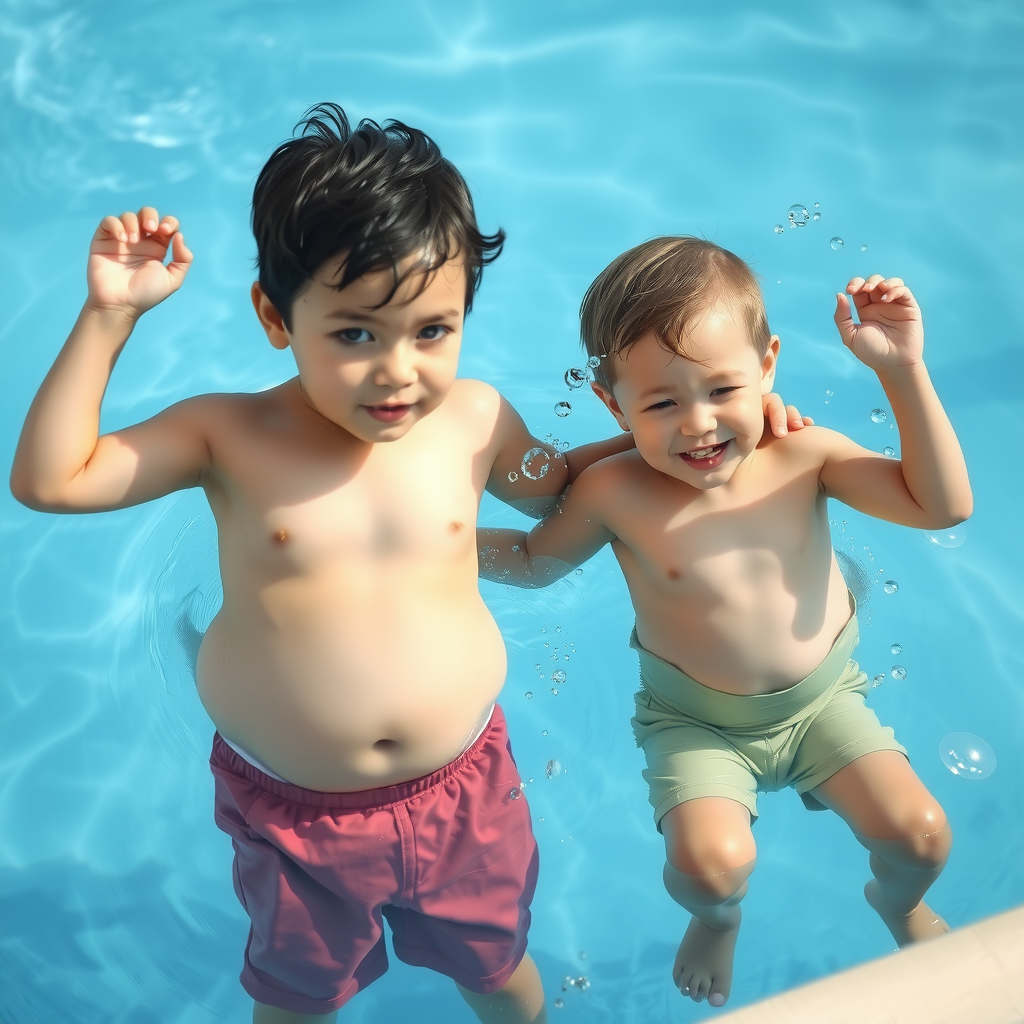 Boys' Bellies Expand Swimming in the Pool
