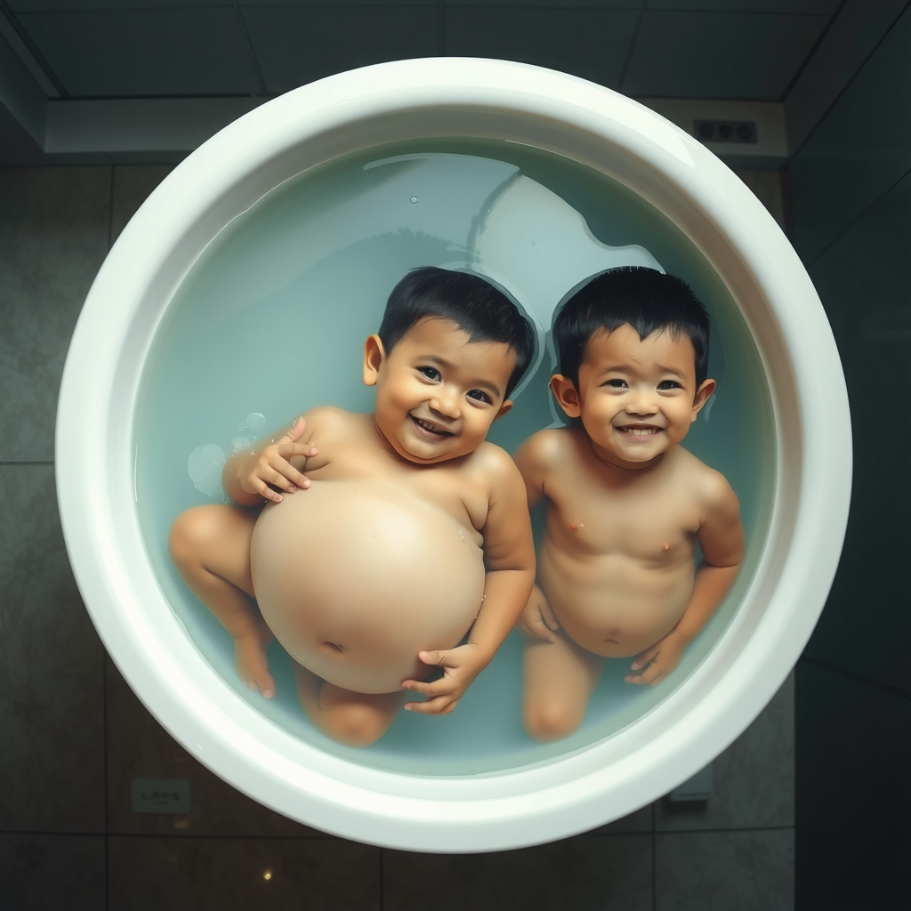 Boys' Bellies Expanding in Bathtub