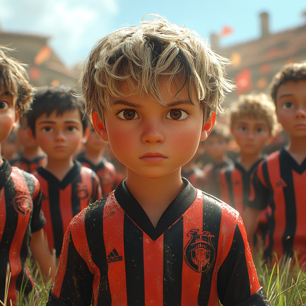 Boys in black and red jerseys training outside happily.