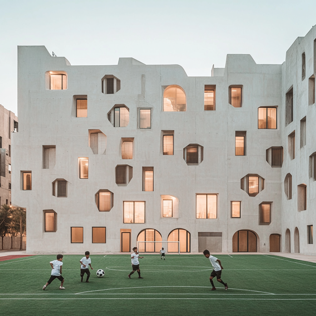 Boys play football in small stadium in Jeddah.