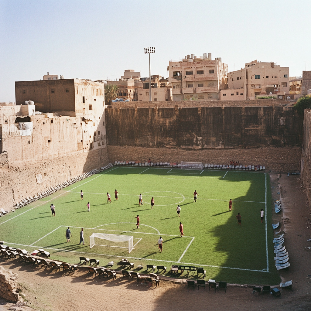 Boys playing football in historic Jeddah stadium. Vivid contrast.