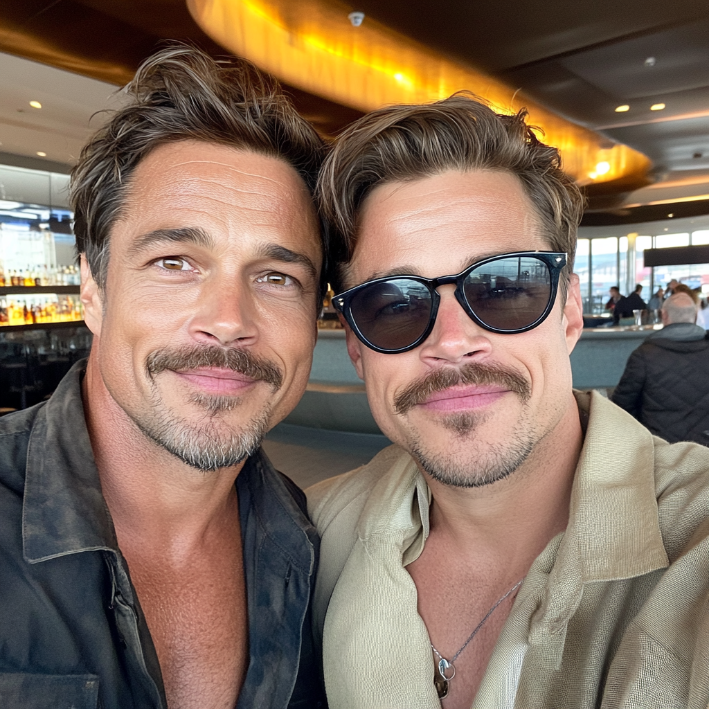 Brad Pitt and another man take selfie at airport.