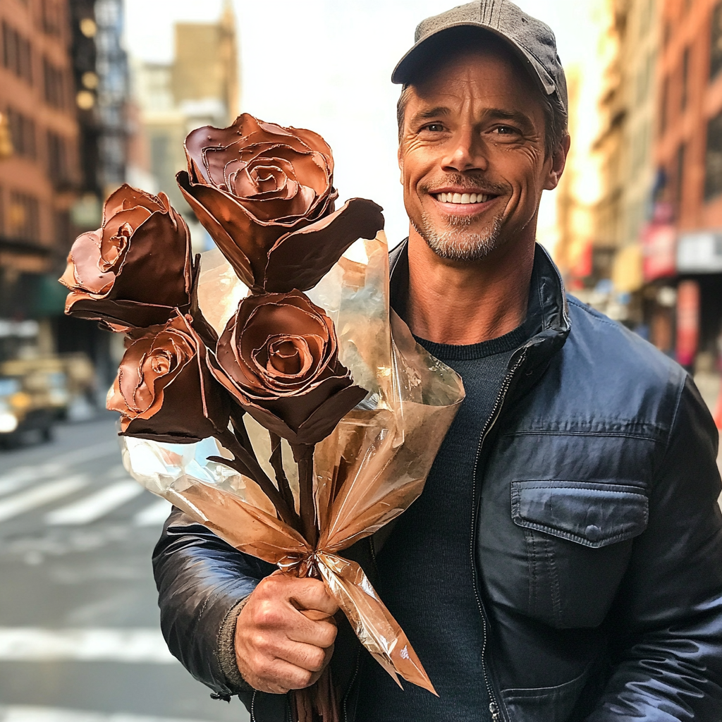 Brad Pitt holding a bouquet of chocolate roses.