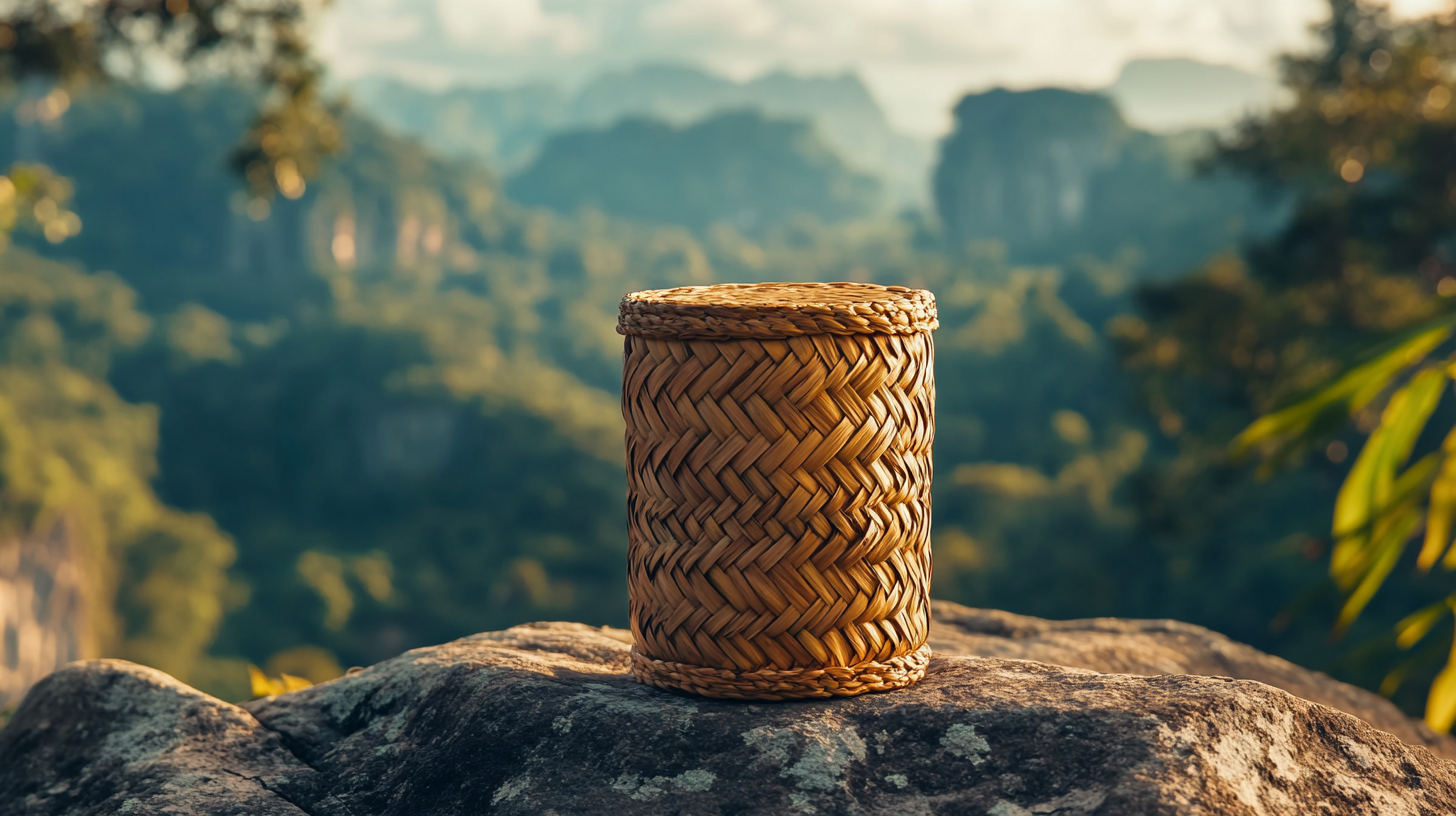 Braided corn husk jar on Brazilian rock with scenery.