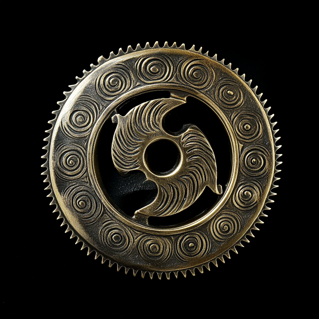 Brass amulet with spirals and patterns on blade