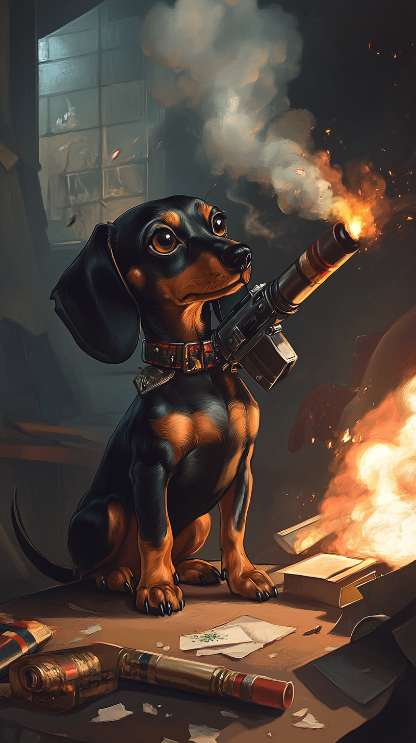 Brave Dachshund with Flamethrower in Destroyed Office