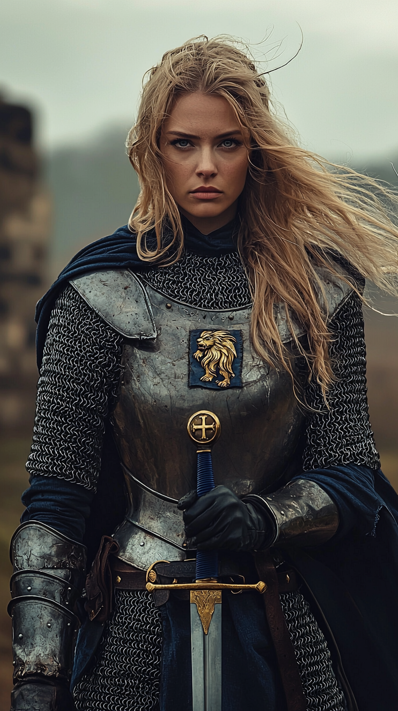 Brave English knightess with lion crest in countryside