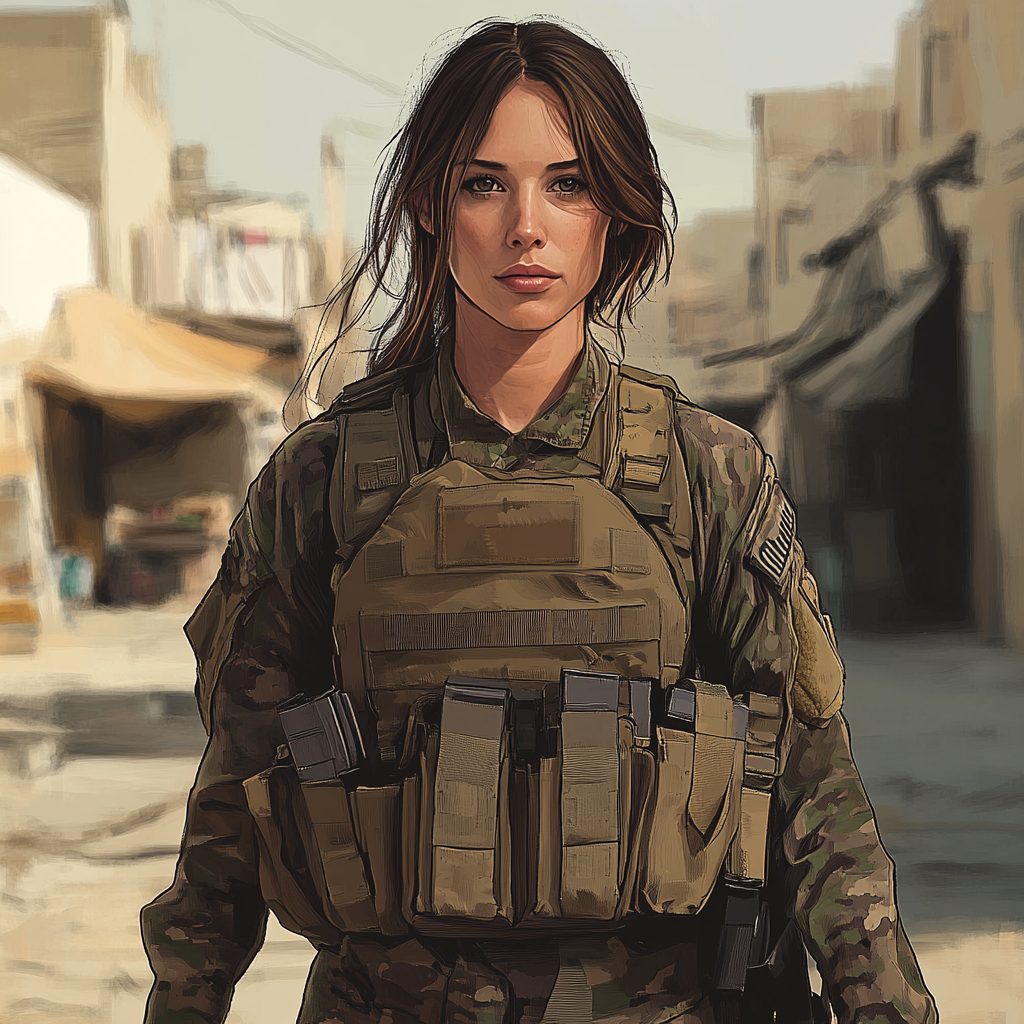 Brave Female Soldier in Urban Desert Market