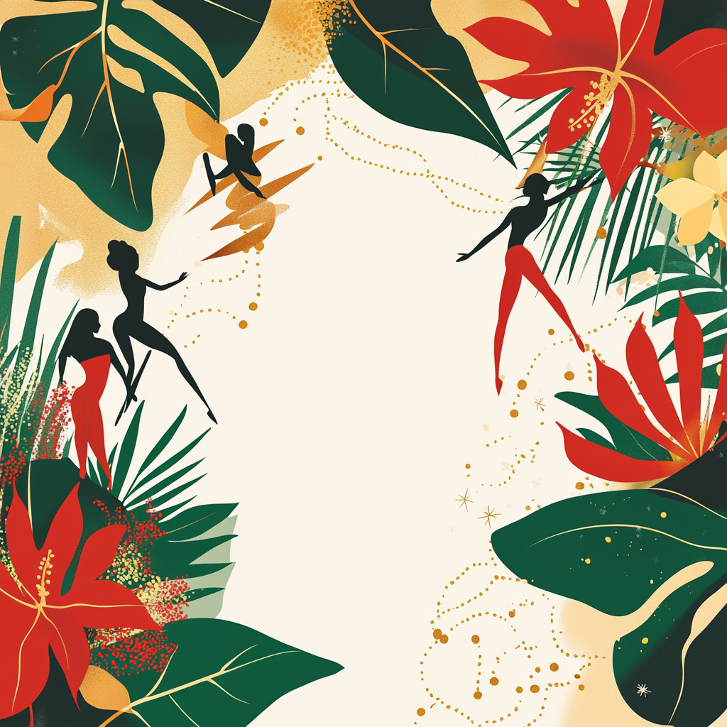 Brazilian Christmas Invitation with Samba Dancers and Tropical Accents.