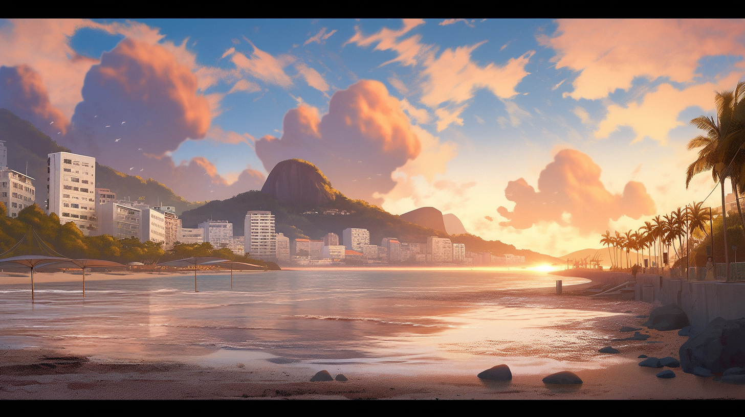 Brazilian Coastal City Rio de Janeiro Beach Sunset Ocean Cinematic Sky Realistic 16:9