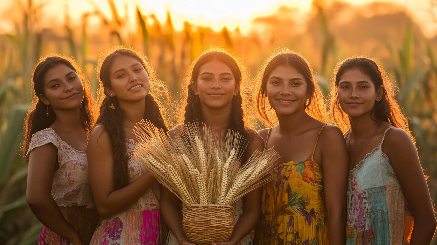 Brazilian Women in Common Clothes with Straw Vase