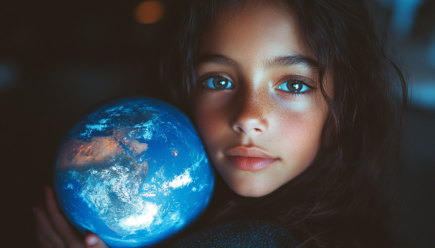 Brazilian father and daughter hold Earth in purple fabric