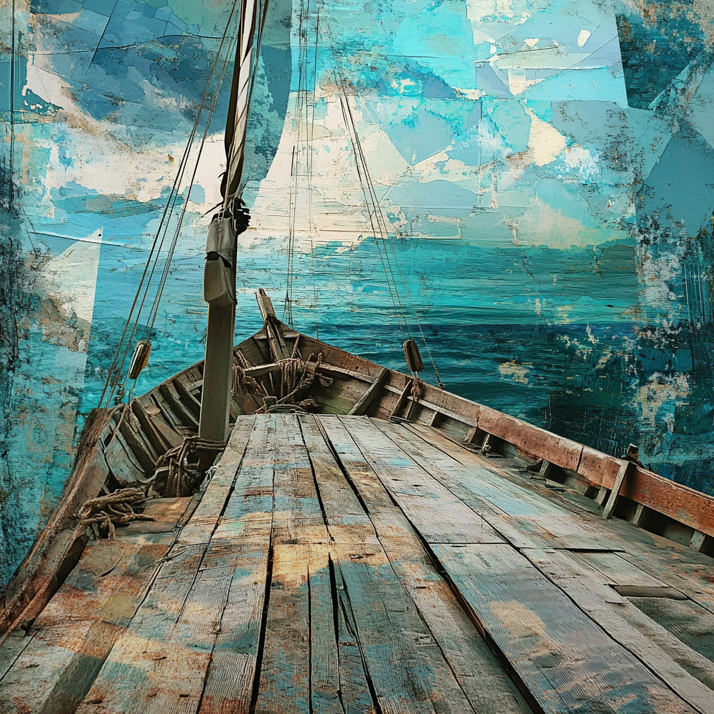 Brazilian jangada boat against abstract, colorful sea and sky.