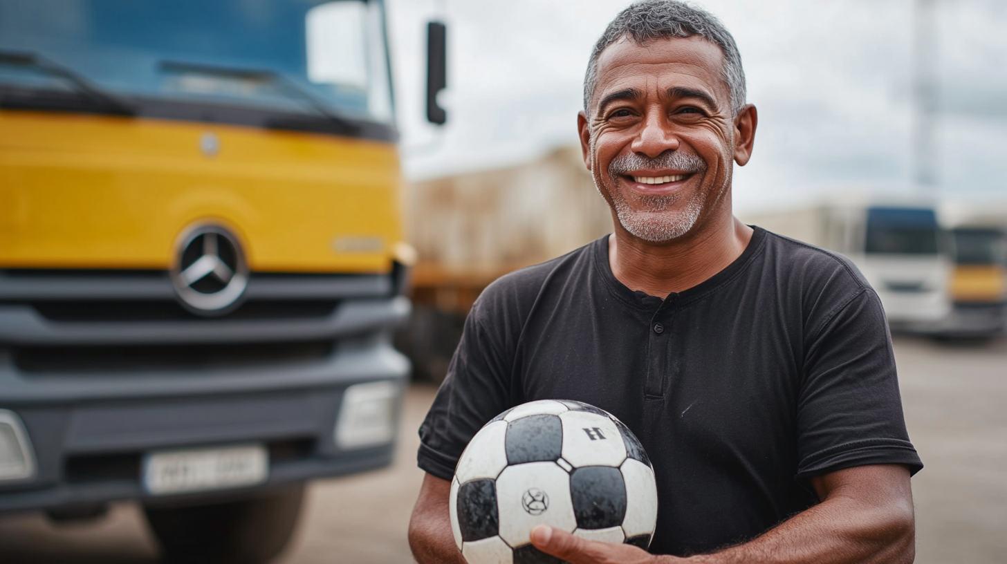 Brazilian man, 50, smiling, playing soccer, Mercedes-Benz trucks.