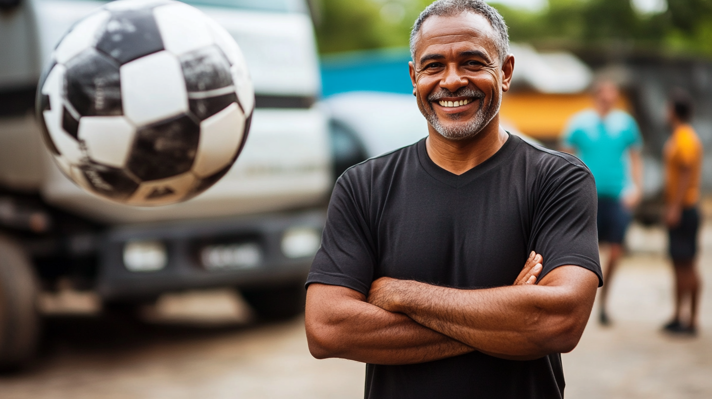 Brazilian man aged 50 smiling, playing soccer. Black shirt.