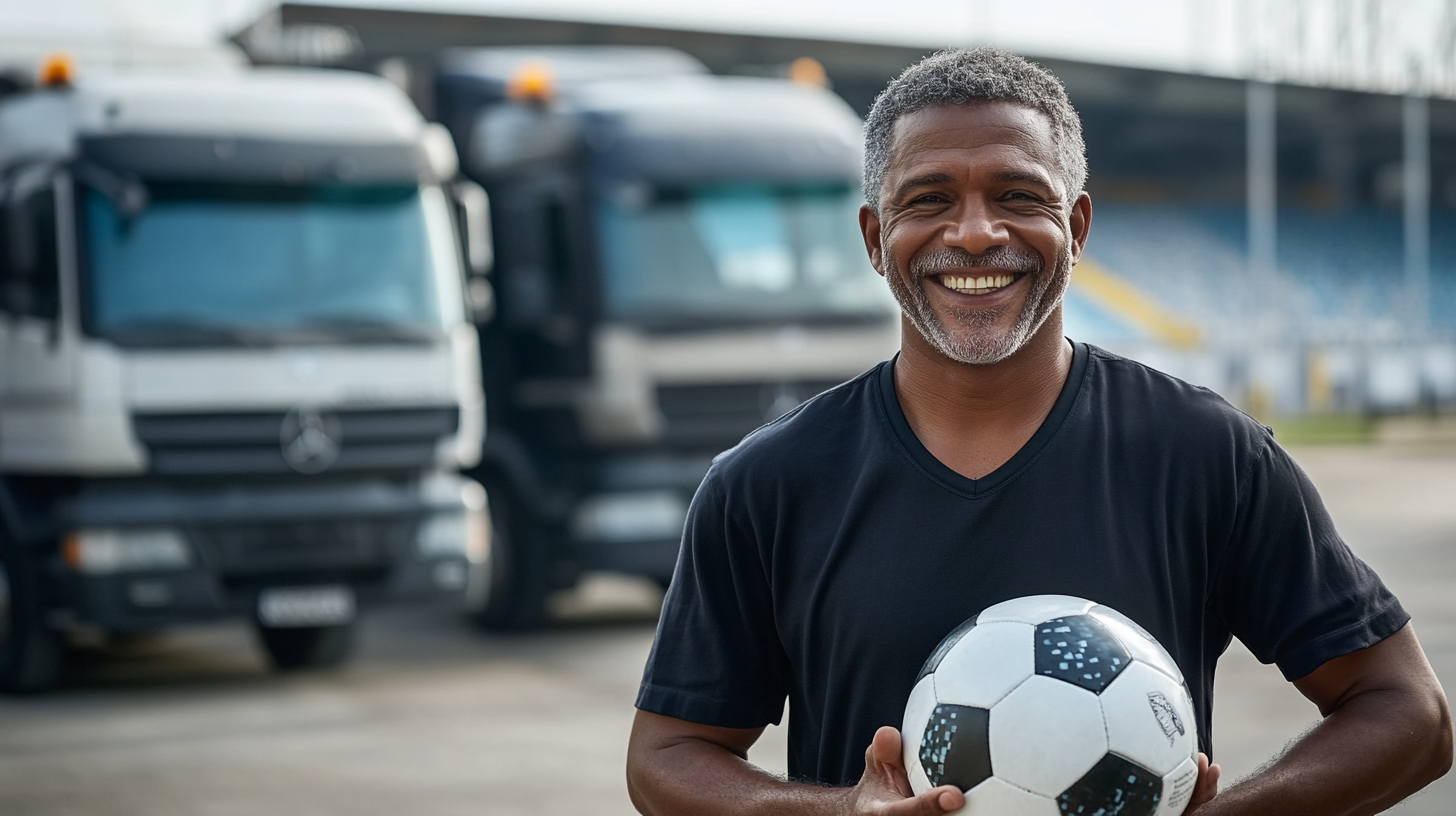 Brazilian man smiling with soccer ball at stadium camera.