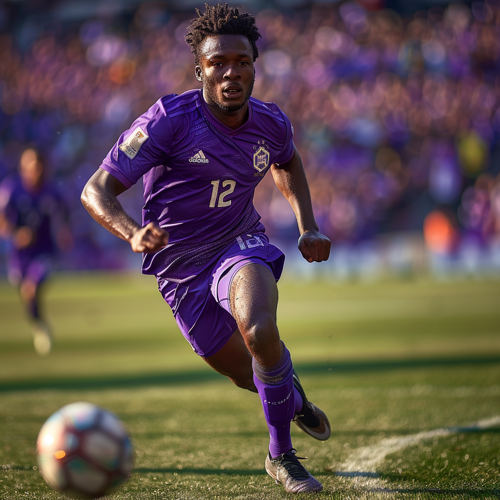 Brazilian midfielder wearing purple Fiorentina jersey, running with ball.