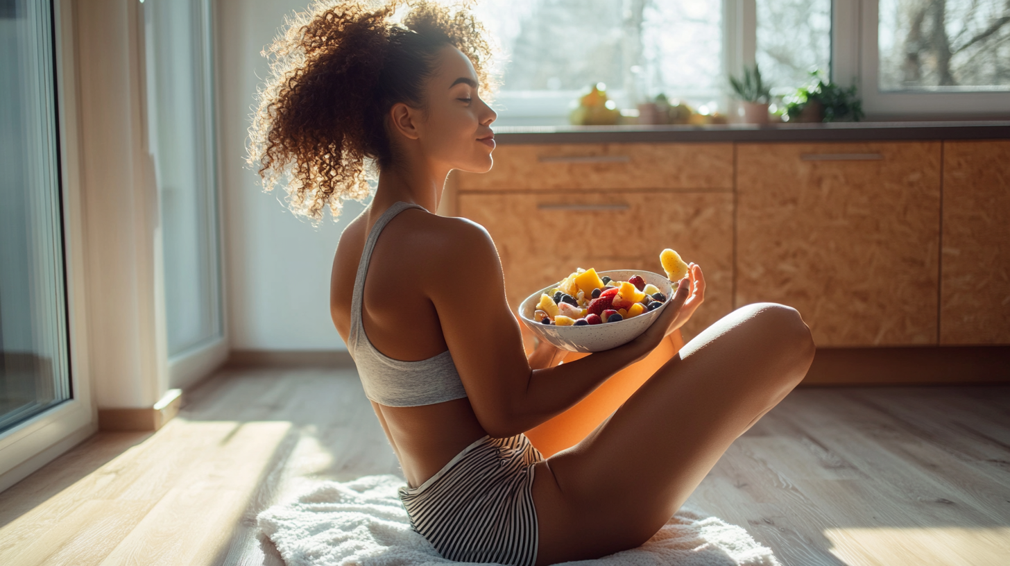 Brazilian woman eating muesli in modern kitchen with natural lighting.