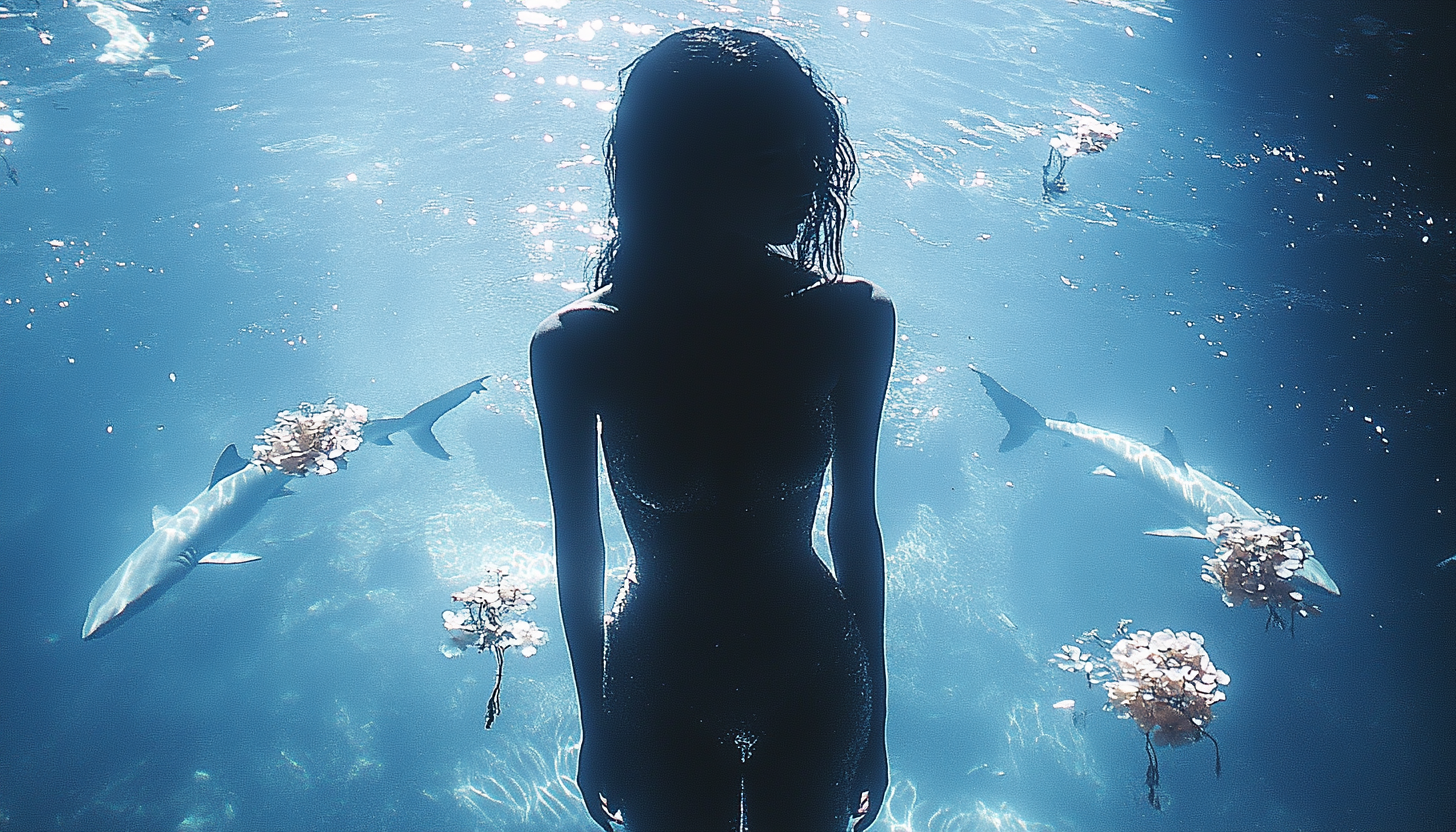 Brazilian woman in water with floating sharks and flowers